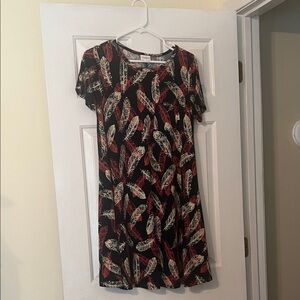 LuLaRoe Black and Red Feather Pattern Mini Dress